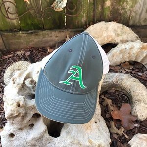 A gray and white hat